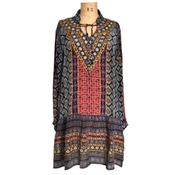 NWOT TOLANI Rory Mixed-Print with Embroidery Flounce-Hem Tunic Dress - Picture 3 of 16
